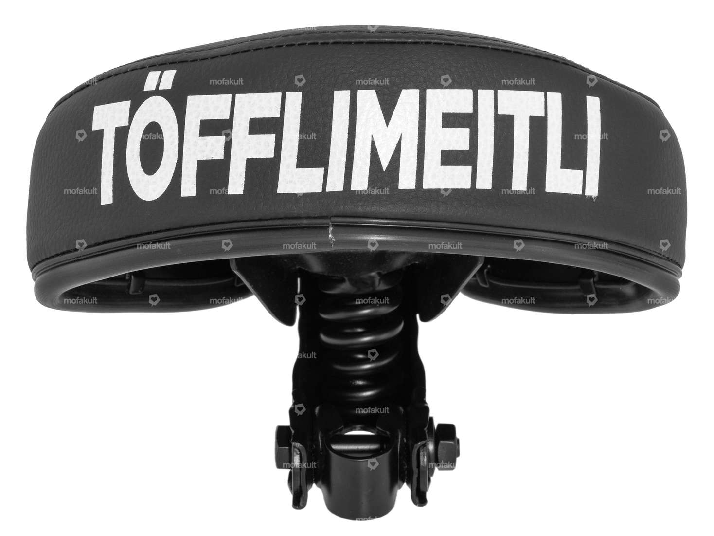 Selle basse noire avec inscription "Töfflimeitli". Carousel Image 3