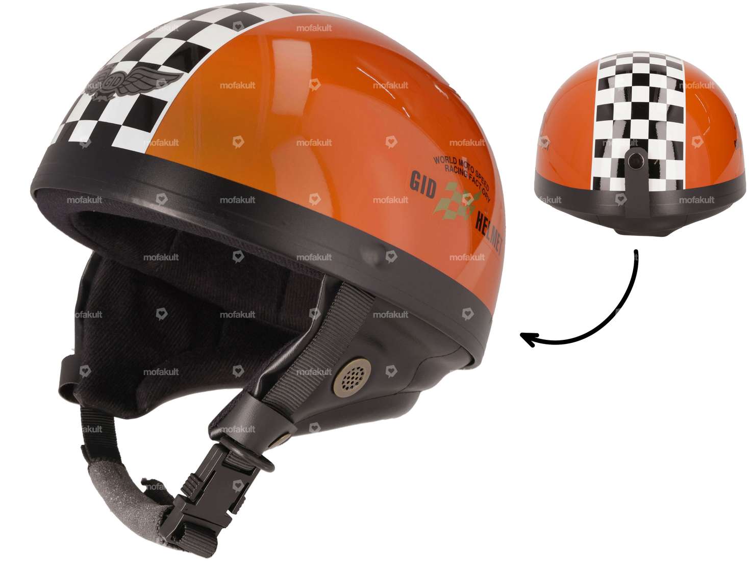 Casque à pot orange avec drapeau d'arrivée Carousel Image 1