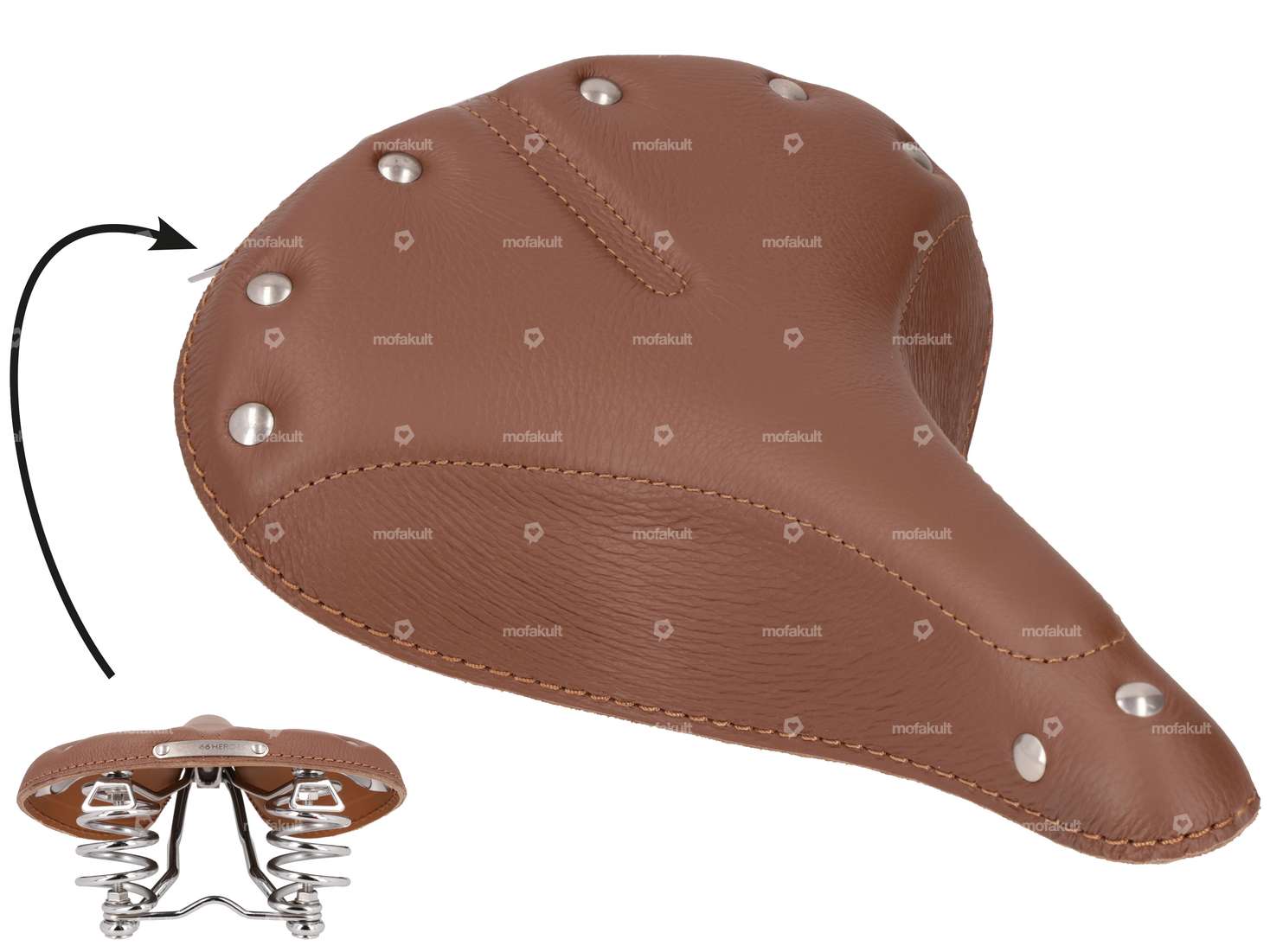 66HEROES Selle en cuir à ressorts en tonneau marron foncé Carousel Image 1