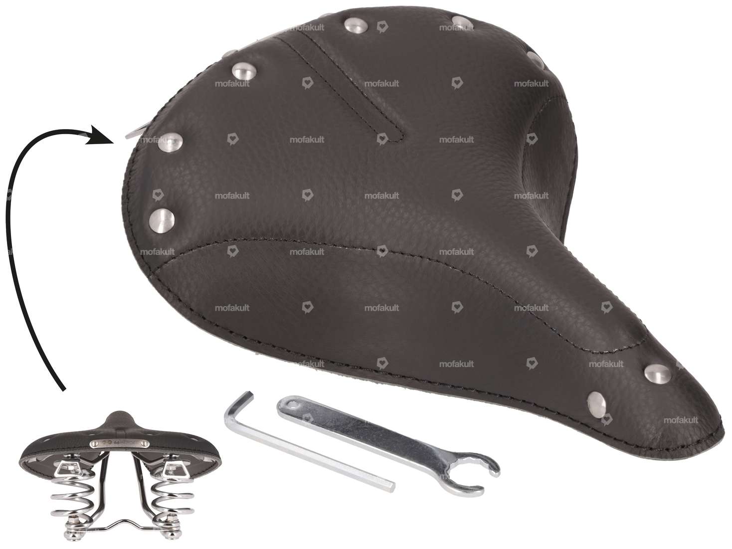 66HEROES Selle en cuir à ressorts en tonneau noir Carousel Image 1